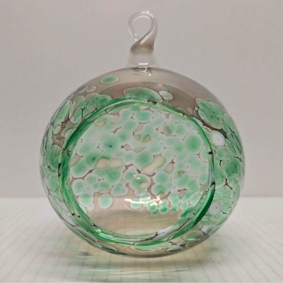 Hand-blown Fused Glass Tea Light Hanging Candle Holder Green/White - Picture 2 of 9